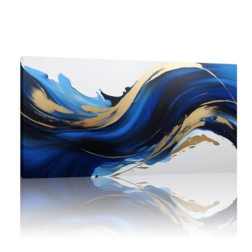 Art mural abstrait bleu marine et or 80x160 cm pour salon chic
