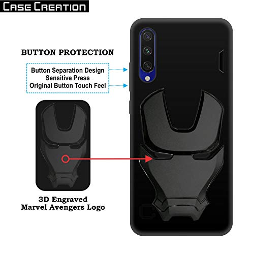Image of COVERLY Official 3D Touch Feel Trending Avengers Logo Mask Soft Rugged Grip Silicone Iron Man Super Power Cartoon Movie Engraved Silicone Matte Back Cover for Xiaomi Mi A3 -Black