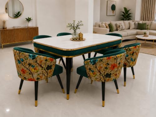Image of WOODEN SPACE 6-Seater Wooden Dining Table Set | Nano Composite Marble Top | Solid Wood Base | Modern Dining Room Furniture with 6 Chairs (Green)