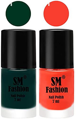 Image of Long Lasting Nail Polish | Nail Paint Combo 7 ml Each) - Set of 2 Dark Green-Light Orange