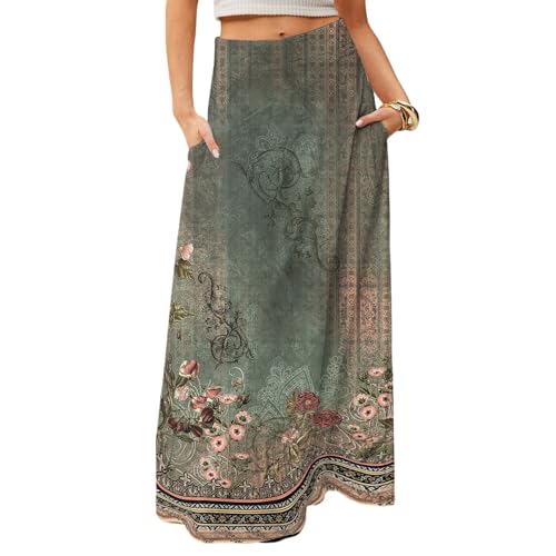 Maxi Skirts for Women 2025 Boho Elastic High Waisted Long Skirt with Pockets Summer Beach Flowy Floral Skirt