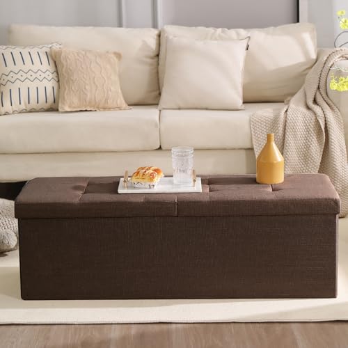 Image of Storage Ottoman Bench Foldable Footrest Foot Stool, 45 inch Fabric Brown | Small Ottoman Foot Rest Seat Shoe Bench Flip-Top forliving Room End of Bed Bedroom Couch Dorm 166L Folding Upholstered Chair