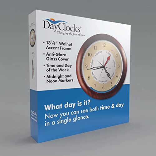 DayClocks Time & Week-Day Wall Clock – Weekly Analog Clock with Days, Hours & Minutes – Transparent Ring in Frame - Ideal Retirement Gift for Men & Women, Walnut Accent Frame, 13.5" - Image 7