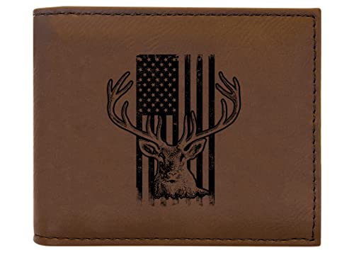 Rogue River Tactical USA American Flag Buck Hunting Men's Leather Bifold Wallet RFID Gift For Him Dad Father United States Billfold Hunt deer Hunter