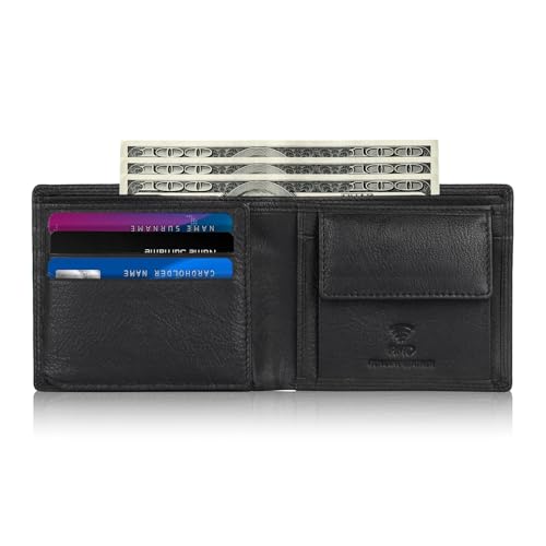 Image of TDG AirTag Leather Wallet for Men with Coin Pocket (Airtag Not Included) | RFID Smart Bifold 12+ Cards | Top Grain | Gift Ready | Handmade in India (Black Bifold)