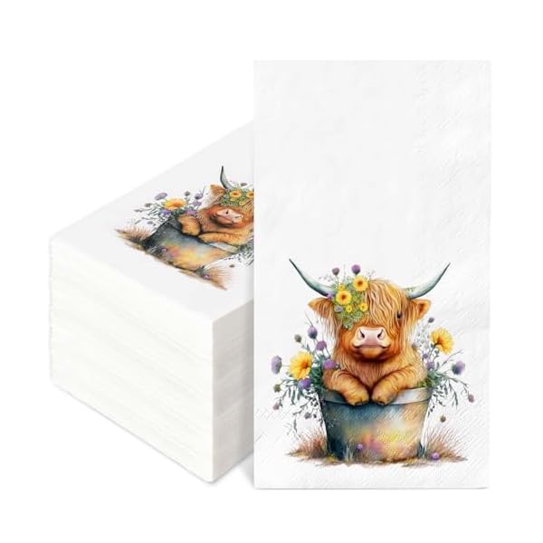Anydesign 80pcs cute highland cow guest napkins rustic farmhouse disposable napkins watercolor highland cow flower hand towel paper napkins for bathroom party supplies table decor  urban country home decor
