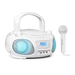 auna Roadie Sing – CD-MP3 karaoke-speler, stereo, boombox, sing-a-long-functie, USB-poort, FM-radio, Bluetooth 3.0, LED-verlichting, netvoeding en batterijvoeding, microfoon, wit