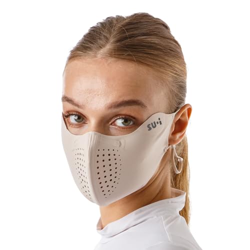 SUIGOLF KOREA X-Series X1 Flex Power Aqua-X UV Cooling Sports Face Mask with Nose Wire Golf Running Outdoor Sports (US Alpha Large Beige)