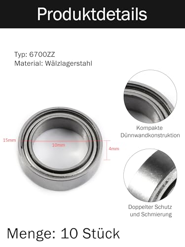 KooingTech 10 Stück 6700ZZ Kugellager 10 x 15 x 4 mm, Lagerstahl Doppelt Geschirmte Dünnwandige Kugellager