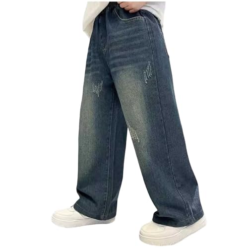 Baggy Fleece Jeans Jungen Winter Jeans Fleece Gefütterte Straight Jeanshose Elastische mit Taille Stretch Mode Denim Hosen Loose Fit Denim Vintage Hosen Lässige Weitem Bein (Blue, 9-10 Years)