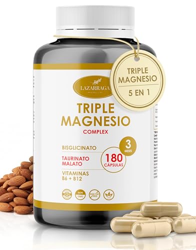 TRIPLE MAGNESIO COMPLEX 5 EN 1 | Bisglicinato + Taurinato + Malato + Vitaminas B6 y B12 | 250 mg Magnesio Elemental Diario | 180 Cápsulas Veganas | 3 Meses | Suplemento Premium | Energía y Vitalidad