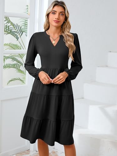 Womens V Neck Long Sleeve Midi Dress 2024 Fall Fashion Casual Loose Fit Flowy Swing Tiered Beach Vacation Dresses4