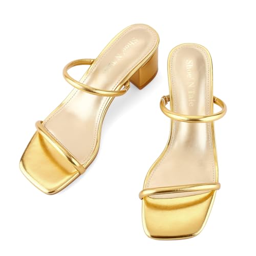 Image of Shoe'N Tale Strappy Heels for Women Square Open Toe Two Strap Low Block Heel Slip on Dressy Sandals Shoes