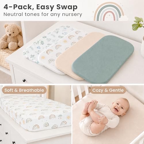 Image of 4 Pack Bassinet Sheets (20 inch x 33 inch), Compatible with Angelbliss, YADAQE, Maxi-COSI Iora /Swift, Pamobabe, BIERUM and Papablic Baby Bassinet, Soft and Skin-Friendly, Mint Green and Color Rainbow
