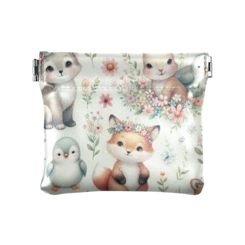 Pastel Animal Flowers Coin Purse Leather Pouch Change Purse, Squeeze Coin Pouch for Cards, Keys & Lipsticks, Unisex