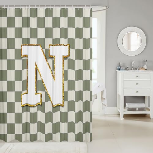Image of Erosebridal Sage Green Checkered Shower Curtain 72 inch Wx84 L Plaid Initial N Bathroom Curtain Personalized Monogram Bathroom Accessories for Kids Adults,Fashion Grids Gingham Shower Decor