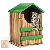 Owl House, Wood Screech Owl House Bird Box with Shavings Owls Boxes for Outside, Owls Nesting Box with Perch Stand & Mounting Kit for Wildlife Habitat Shelter Lovers (Green) 13.5x7.5x8.7in