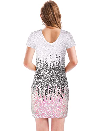 Image of MANER Women's Sequin Glitter Short Sleeve Dress Sexy V Neck Mini Party Club Bodycon Dresses