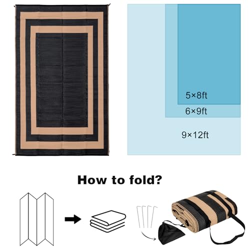 Image of Outdoor Rug Carpet Waterproof Reversible Mats 9x12 ft Patio Rug RV Camping Rug, Plastic Straw Rug Area Rug for Balcony Picnic Beach(Black and Brown)