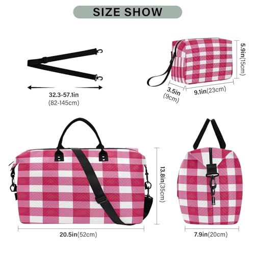 Kigai Rose Color Buffalo Plaid Travel Duffel Bags 2PCS,Sports Duffel Bags for Men Women,Weekender Overnight Bag Gym Tote Bag with Toiletry Bag3