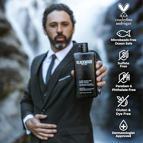 Blackwood For Men Pure Moisture Body Wash - Natural Mens Body Wash with Ginseng & Cooling Menthol - Sulfate Free Moisturizing Cleanser & Bodywash for Dry Skin or Sensitive Skin - Dye Free, Vegan, 17oz