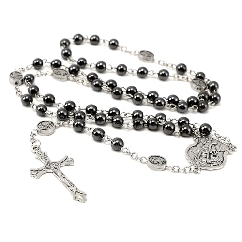 Saint Michael Necklace for Men Women,St Michael The Archangel Pendant for Religious Gifts,Catholic Black Rosary Beads First Confirmation Gifts for Teenage Boys,Rosarios Catolicos Para Hombre Mujer - Main Image