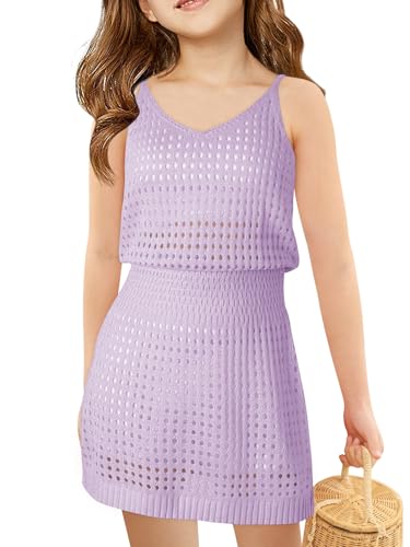 Image of Haloumoning Girls Sleeveless Crochet Swimsuit Cover Up Kids Summer Hollow Out Knitted Beach Dress 7-14 Years