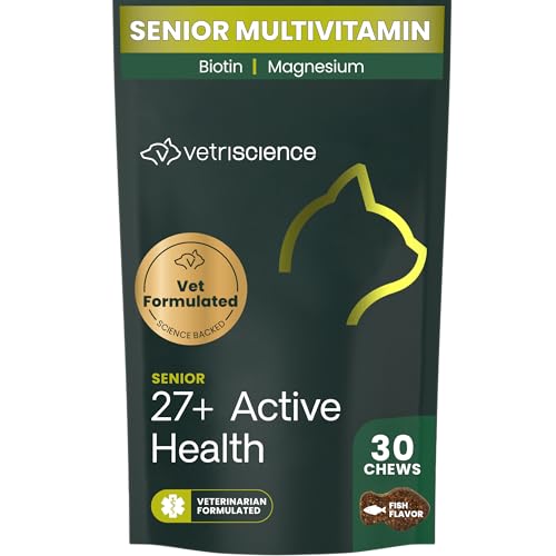 VetriScience Senior 27+ Active Health Chews, Nu Cat Daily Multivitamin for Senior Cats, Balanced Vitamins, Minerals and Antioxidants, Healthy Aging and Wellness Support, Fish, 30 Count