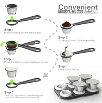 Reusable Capsules for Nespresso OriginalLine - 6pcs Refillable Coffee Pods,Stainless Steel Cups Compatible for Nespresso OriginalLine Machine (6Pods+100pcs Lids+Storage Board)