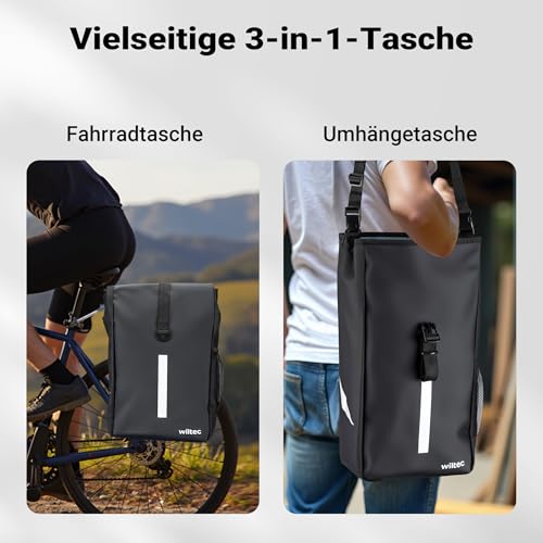 Wiltec Gepäckträgertasche matt schwarz, Fahrradtasche Gepäckträger 16 l Stauraum, Gepäcktasche mit Tragegurt, wasserresistente Fahrrad Tasche
