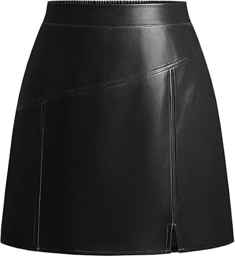 Kate Kasin Dames PU lederen A-lijn minirok hoge taille zijsplit casual rok met elastische tailleband zijrits voor avondje uit party club wear, Koffie, L