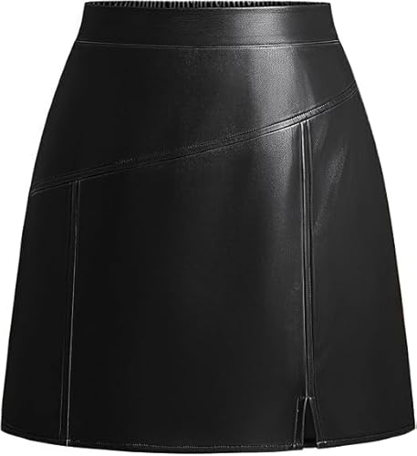 Kate Kasin Women's Faux Leather Skirt A-Line Mini Skirt High Waist Front Slit Short Pencil Skirt Autumn Winter Casual Party Office Black M