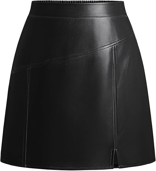 Kate Kasin Falda corta de piel sintética para mujer, corte acampanado, cintura alta, abertura frontal, falda corta tipo lápiz, otoño, invierno, casual, fiesta, oficina, Negro, M