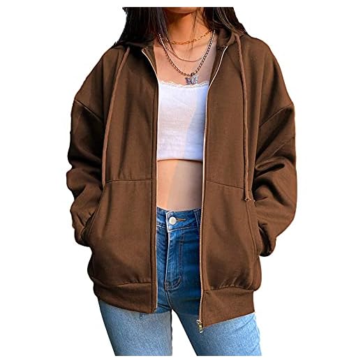 Tekaopuer Huvtröja med dragkedja för kvinnor, långärmad Y2k E-Girl streetwear jackor vintage överdimensionerad sweatshirt jumper..., Brun, L