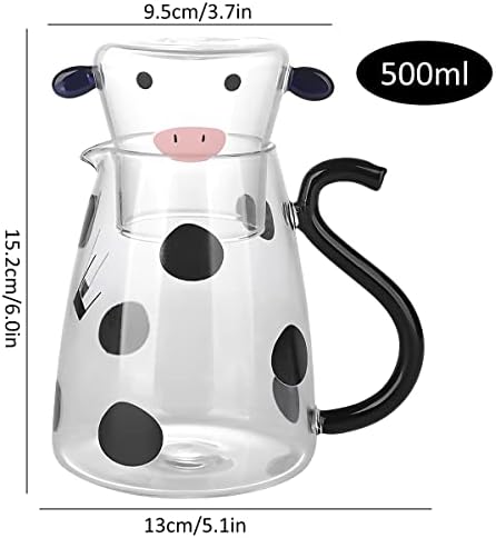 Glass Water Jug with Tumbler 500ml V-Shaped Spout Heat Resistant Cute Clear Cow Glass Pitcher Portable Bedside All in One Carafe and Cup Set for Tea Milk Water Coffee