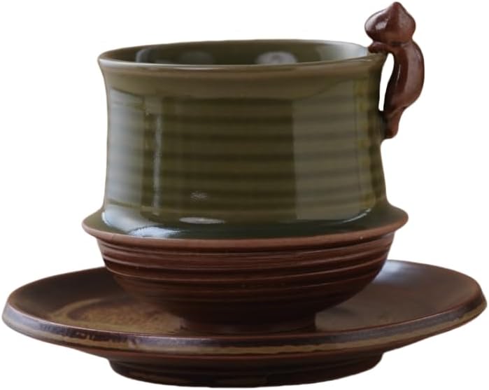 Handcrafted Ceramic Tea Cup and Saucer Set, Olive Green and Brown, Bird Handle Design