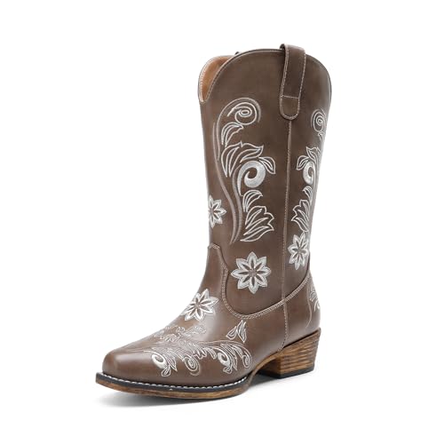 DREAM PAIRS Women's Cowboy Boots Mid Calf Chunky Heel Embroidery Stitched Cowgirl Western Boots,Size 6,Brown,DWUMMB2512