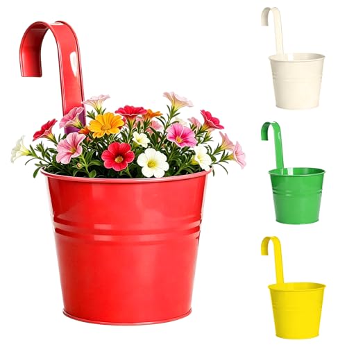 Lot de 4 pots de fleurs suspendus en métal de 16 cm avec crochet amovible, fer galvanisé, avec trou de drainage, pour plantes de balcon (vert + jaune + beige + rouge)