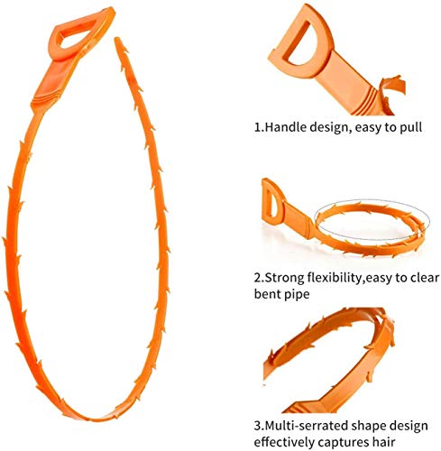 YOLETO 6 Pack Drain Clog Remover, Unclog Shower Bathtub Sink Cleaner Stick Household Cleaning Tools Hair Catcher (20 Inch, Orange)