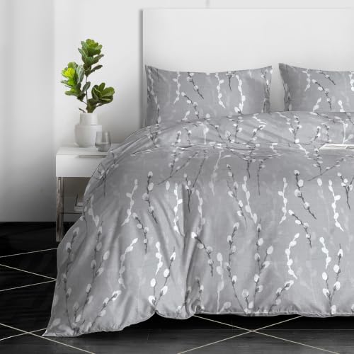 Image of RAYBedding 2PCS Single Duvet Set 100% Egyptian Cotton Bedding Single Bed Set 400 Thread Count Floral Printed Silver Mist Duvet Cover Single with Pillow Case