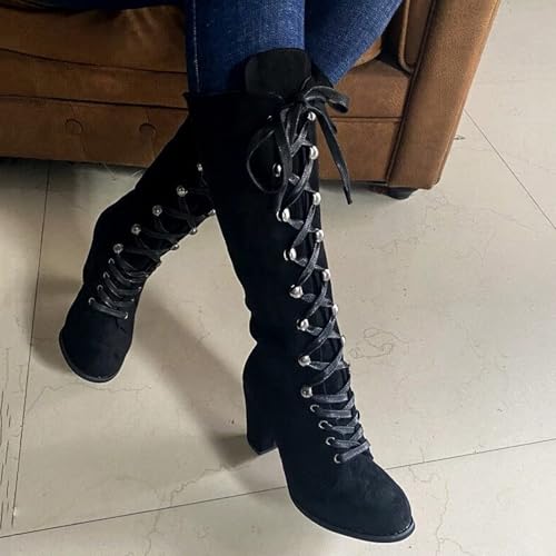 Boots for Women Faux Suede Steampunk Halloween Vintage Chunky Heel Boots Winter Lace Up Mid Calf Goth Booties4
