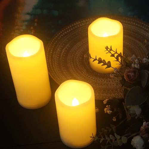 Image of CANDLE CHOICE Outdoor Battery-Operated Flameless Candles with Remote Timer Waterproof Flickering Plastic Electric LED Pillar Lights for Lantern Patio Garden Wedding Halloween Christmas 3x4,5,6 inch 3 Pack