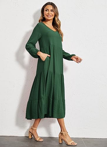 Image of Halife Women's Summer Casual Maxi Dresses Flowy Ruffle Boho Long Dresses with Pockets
