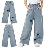 Girls Baggy Wide Leg Jeans, Elastic High Waist Denim Trousers, Casual Loose Heart Hip Hop Pants for Kids Aged 6-15 Blue