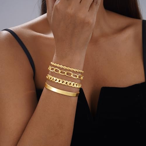 Gold/Silver Bracelets for Women Dainty 14K Gold Plated Bangle Bracelet Stack Waterproof Stackable Jewelry Set Non Tarnish Link Chain Adjustable Jewelry Gifts3