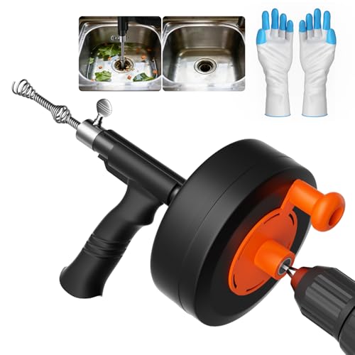 25ft Drain Auger Heavy Duty Professional Plumbing Snake with Drill Adapter Manual & Powered Clog Remover for Kitchen Bathroom Shower Sink & Bathtub Flexible Pipe Snake Cleaner with Gloves