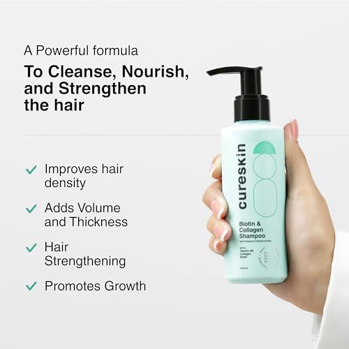 Image of Cureskin Biotin & Collagen Shampoo + Scalp Massager | Sulphate-Free Strengthening Combo | Reduces Hair Fall, Adds Volume & Improves Density | For Thin & Damaged Hair