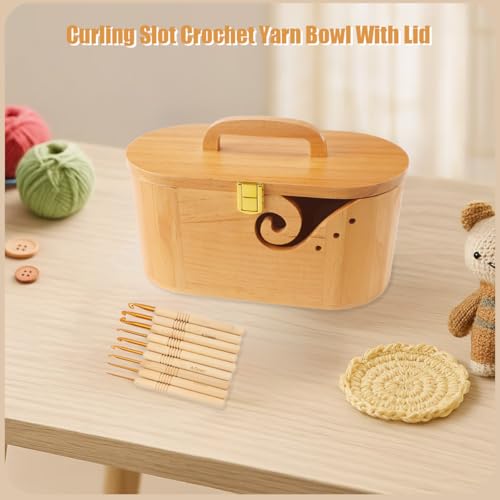 Sivlnian Portable Oval Wooden Yarn Bowl - with Lid, Lock & Handle, 9 Knitting Hooks Set, Perfect Organizer for Threads & Knitting Supplies