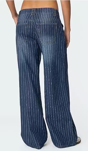 Women's Striped Wide Leg Jeans Mid Waist Stretchy Boyfriend Straight Leg Denim Pants3