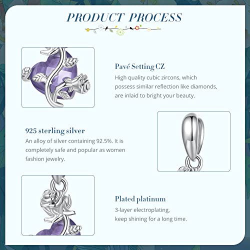 Heart Dangle Charm Rose Flower Bead Charm 925 Sterling Silver Charms For Bracelets Cubic Zirconia Purple Heart Charms Birthday Thanksgiving Christmas Jewelry Gift For Women Girls #TOP3